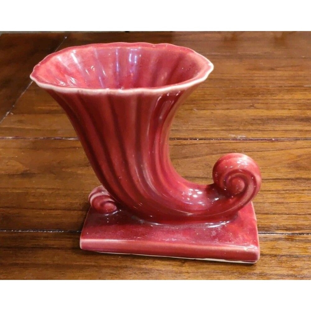 Vintage Shawnee Planter USA Pottery Cornucopia Vase Dark Pinkish Red ~6.5" READ